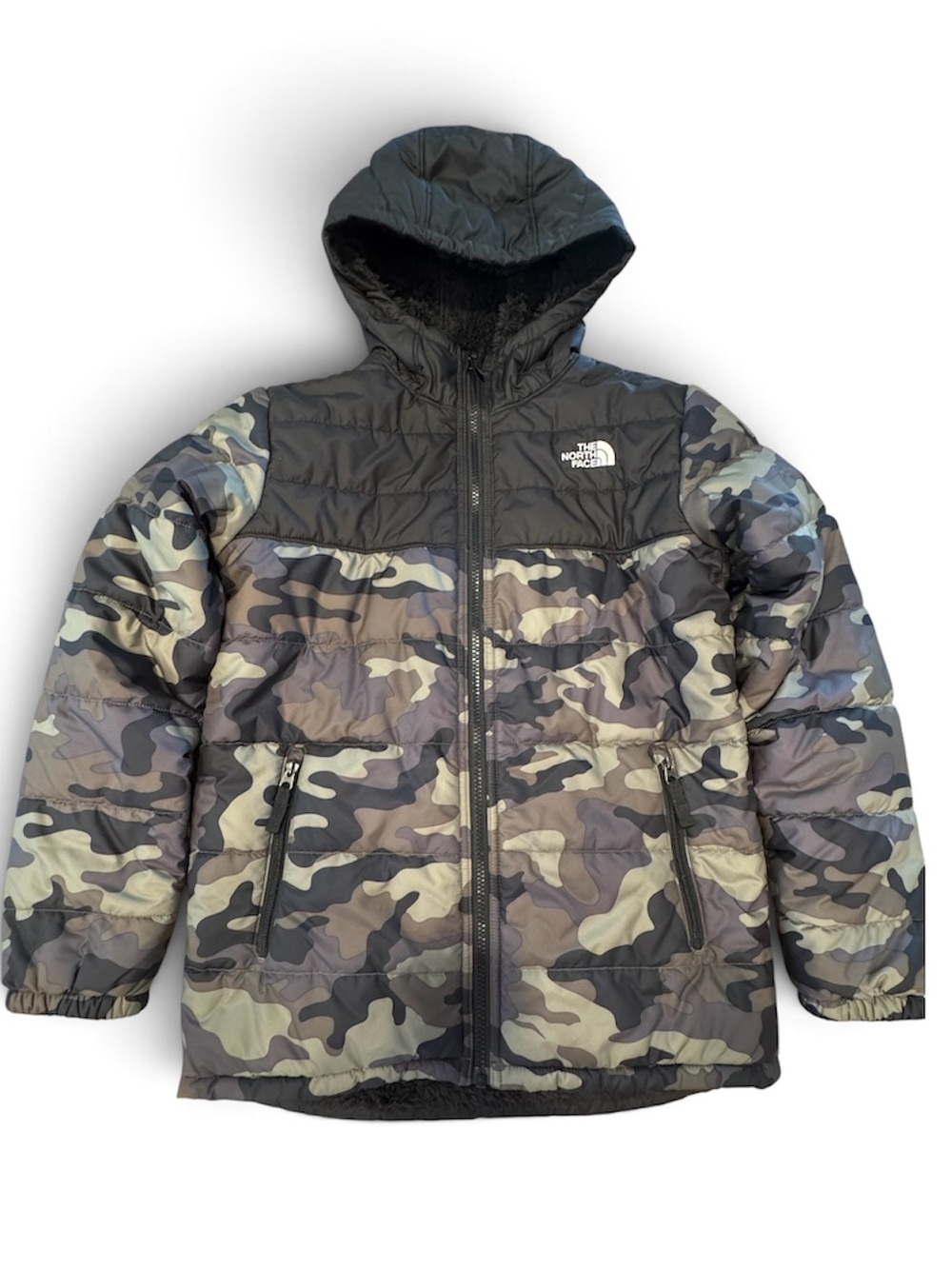 The North Face Reversible Kids Camo Puffer winter jacket / - Black, Gray, Green